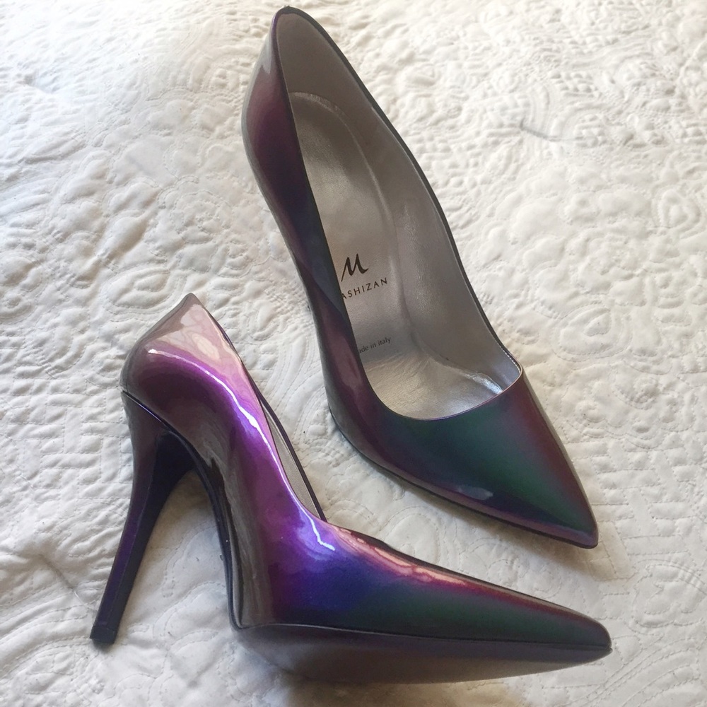 Iridescent patent leather heels